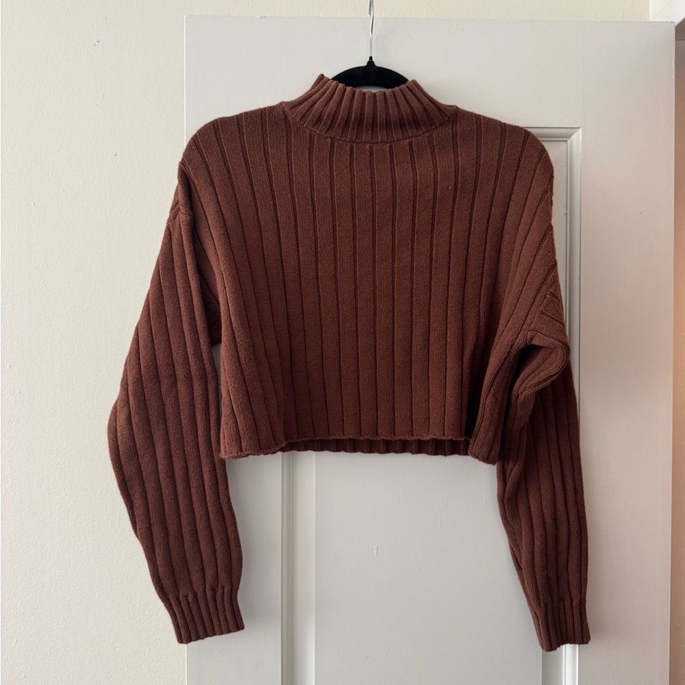 Brown Ribbed Turtleneck Sweater